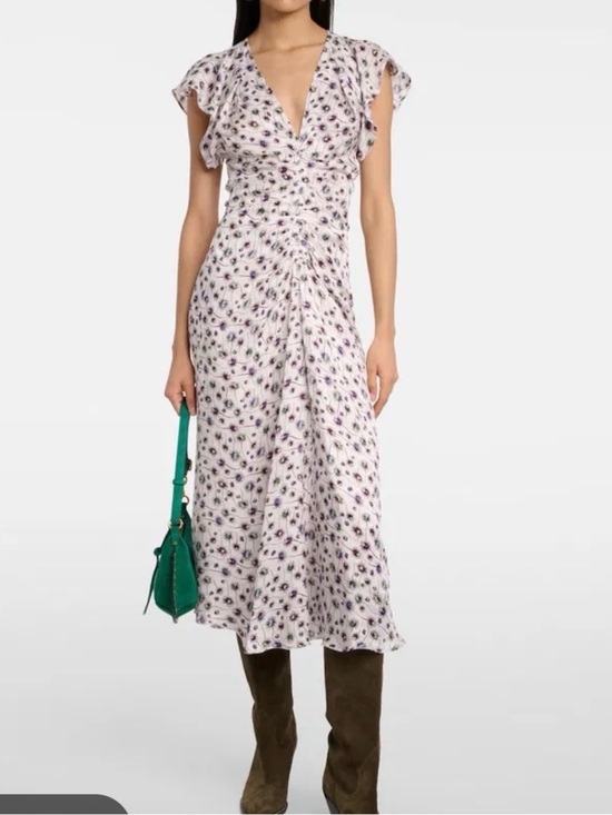 Isabel Marant Dresses & Skirts - Isabel Marant White Purple Silk Ruched V-Neck Midi Dress Size 34